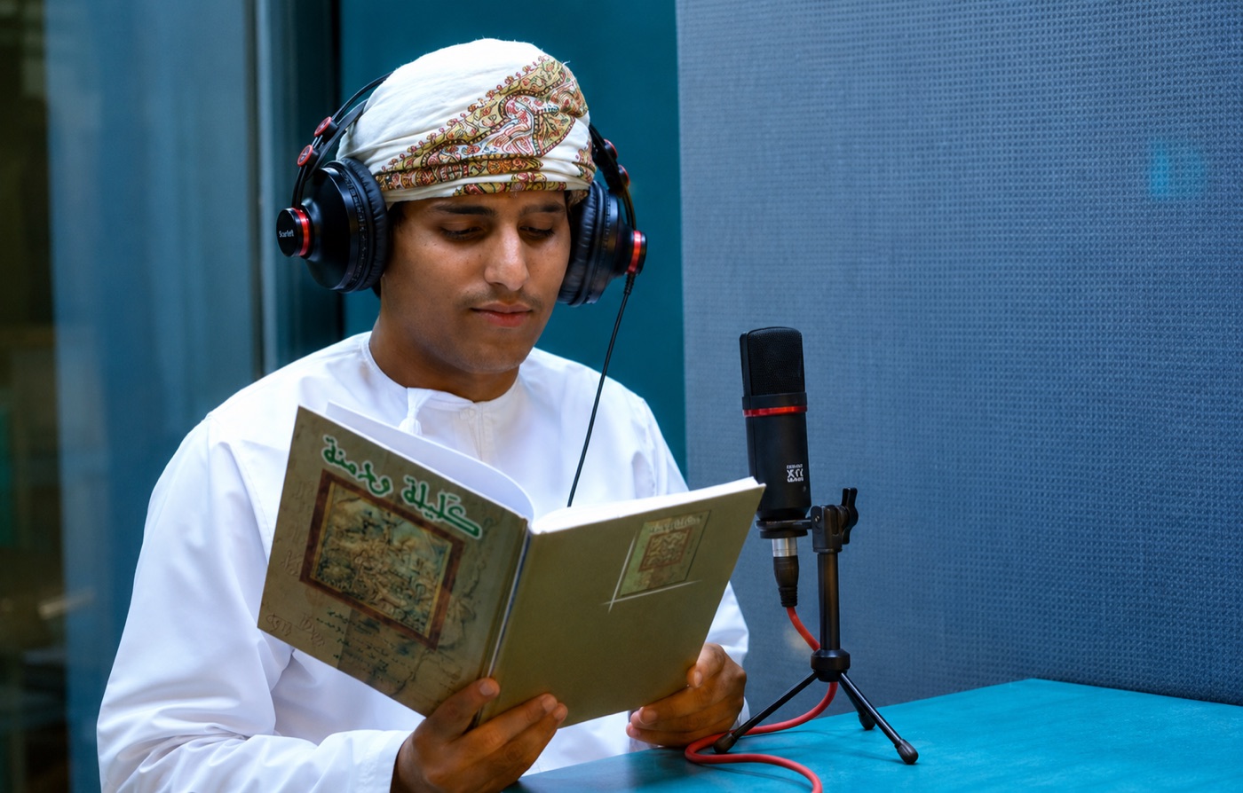 قارئ عُماني يسجل كتابًا صوتيًا أمام الميكروفون